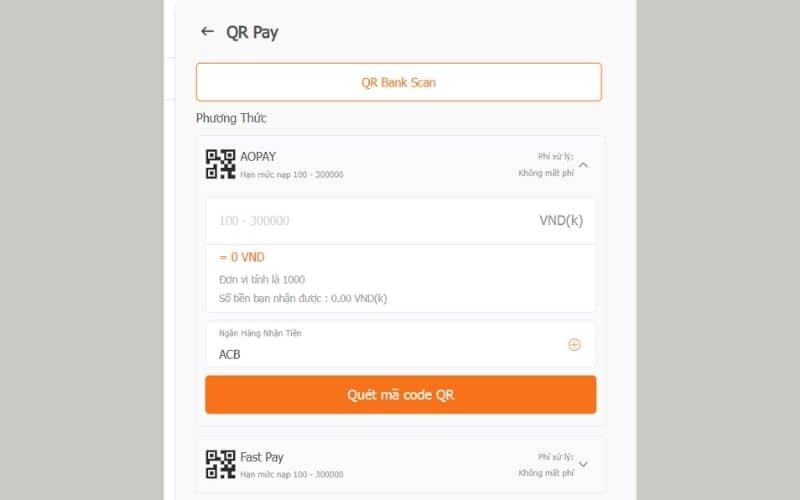 Nạp tiền AE789 bằng QR Pay